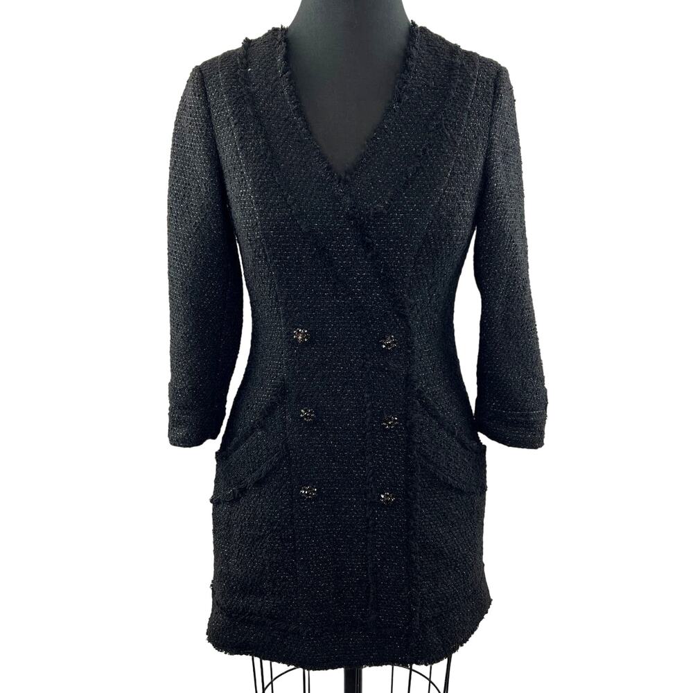 ZARA Black Tweed Blazer Dress V-Neck Double Breasted Pocket Sz S Small BLOGGER